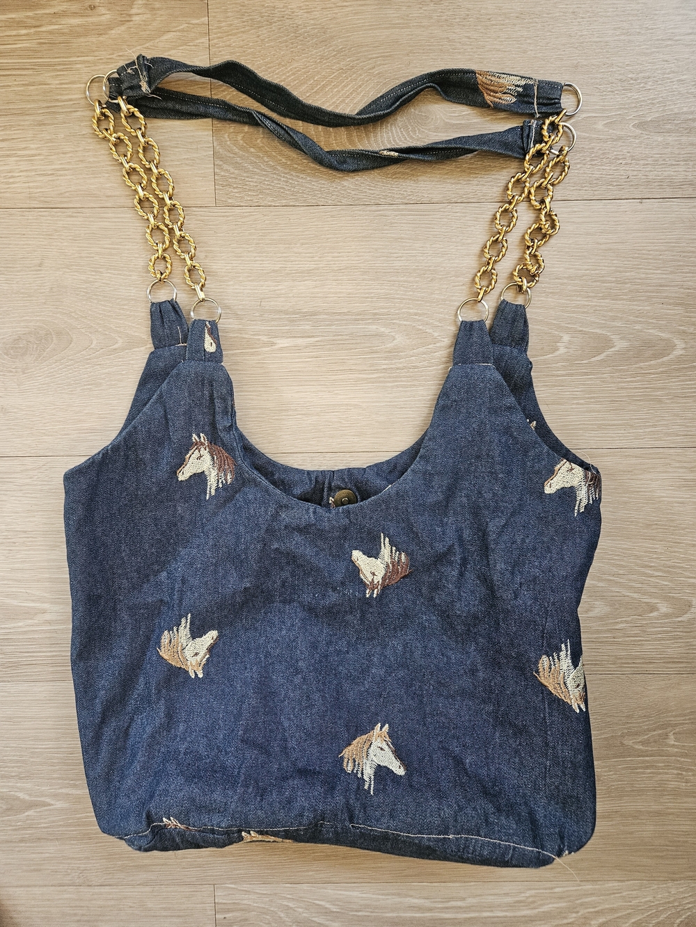 Chambray Embroidered Horse Hobo Bag with Gold Chain Straps